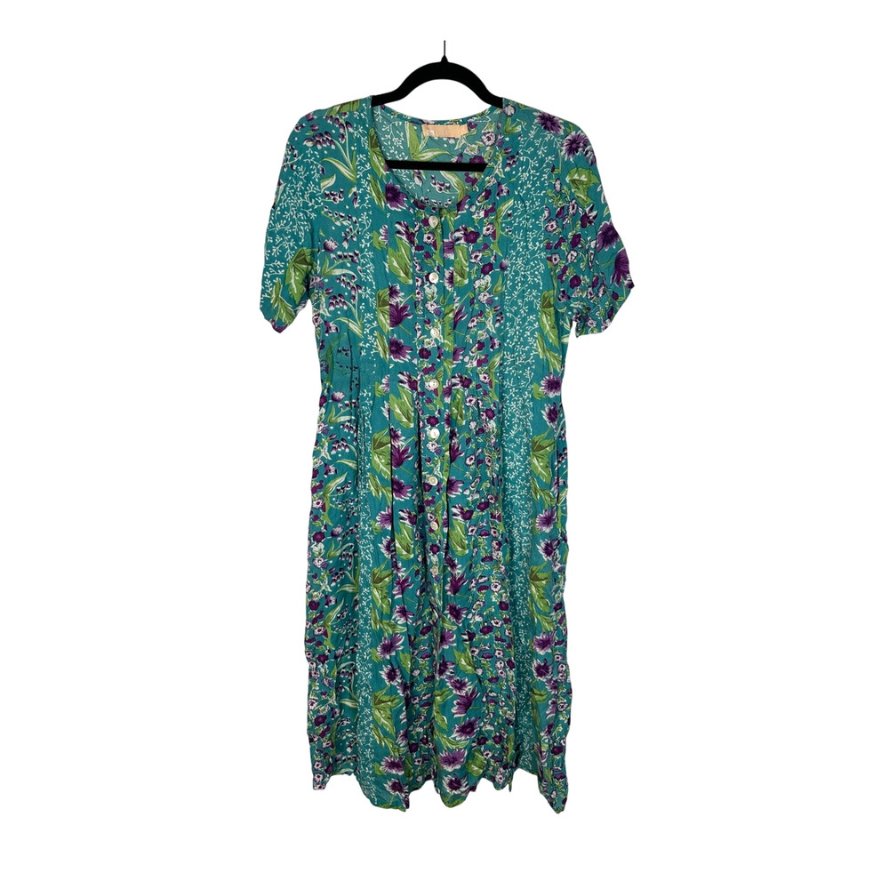 Vermont Country Store S Delightful Garden $80 Button Front Midi Dress RAYON Blue - Picture 2 of 9